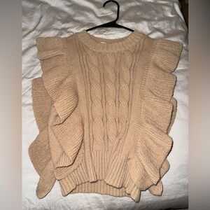 Elegant Tan Cable Knit Ruffle Sweater Top